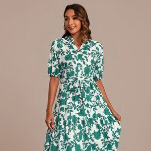 Green Short Puff Sleeve V Neck Tie Waist Midi Dress